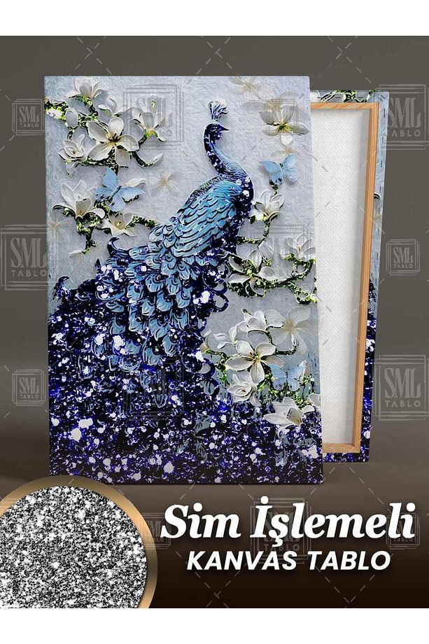 Simli Zarif Mavi Tavus Kuşu ve Beyaz Pırıltılı Çiçekler Sim İşlemeli Dikey Kanvas Tablo - 3