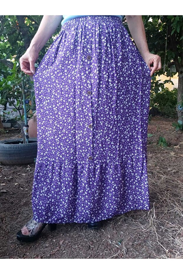 Elastic Waist Ruffled, Button Detailed Crispy Floral Viscose Push Skirt36-44Size