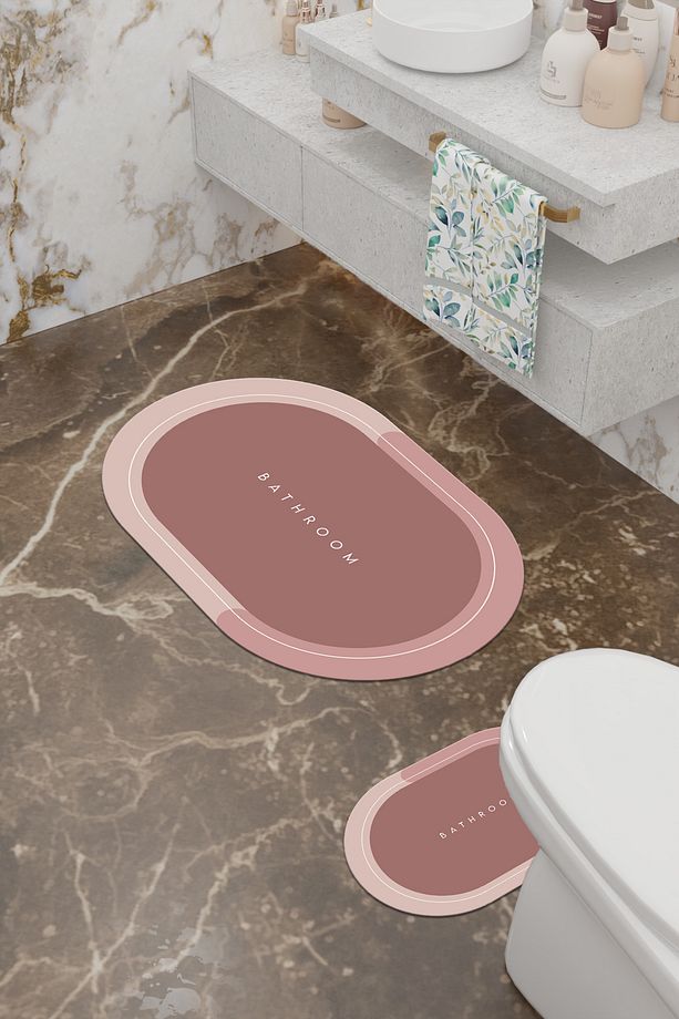 Bathroom Desenli Eko Banyo Paspası, Kaymaz Taban, Makinada Yıkanabilir, Dijital Baskı 2'li Set - 3