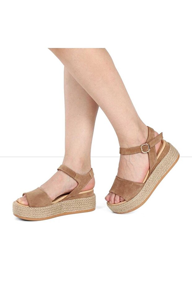 Kadın Kum Hasır Tabanlı Süet Deri Sandalet - 1