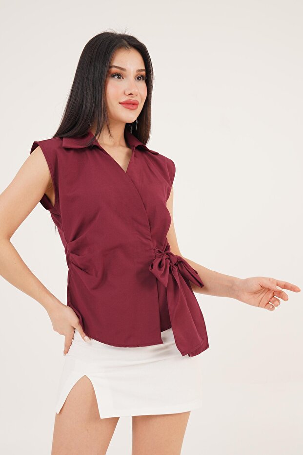 Sleeveless Side Tie Burgundy Shirt