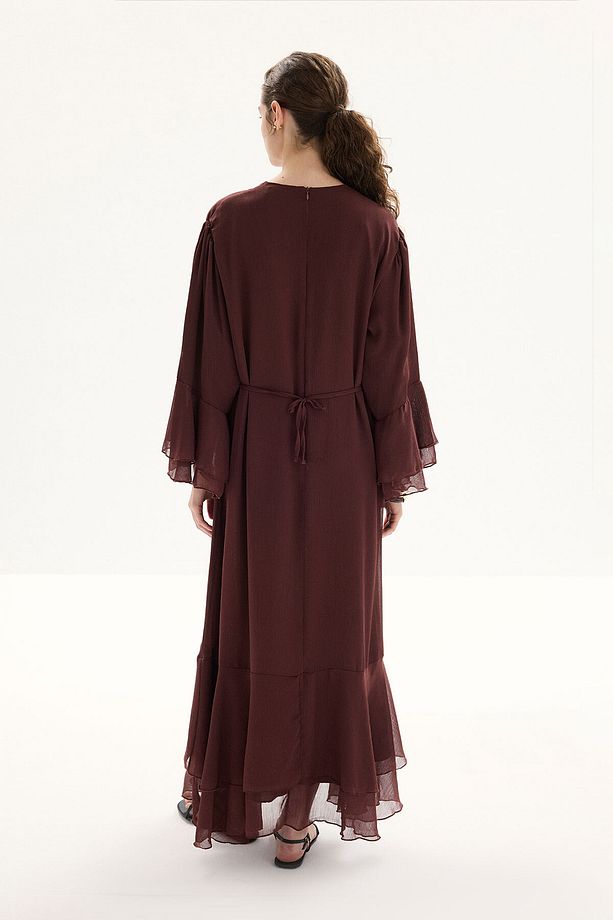 Boho Volanlı Yoryo Şifon Kahve Elbise - 6