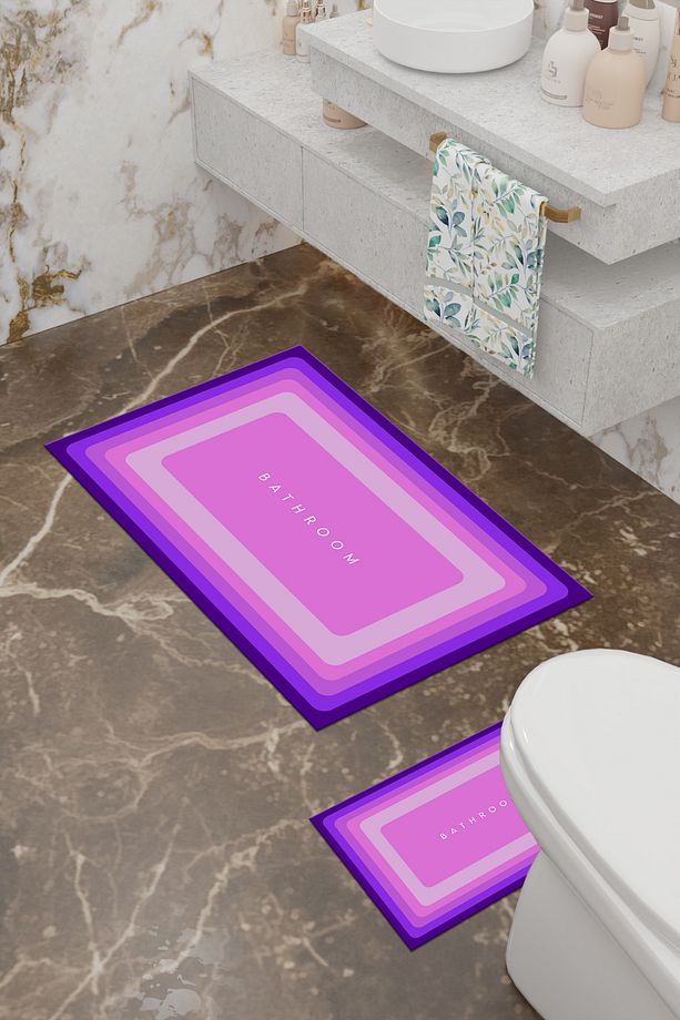 Bathroom Desenli Eko Banyo Paspası, Kaymaz Taban, Makinada Yıkanabilir, Dijital Baskı 2'li Set - 3