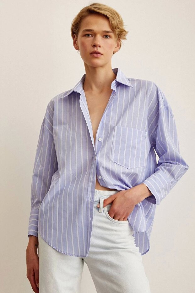 Basic Çizgi Oversize Kadın Mavi Gömlek - 1