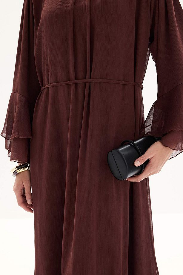 Boho Volanlı Yoryo Şifon Kahve Elbise - 7