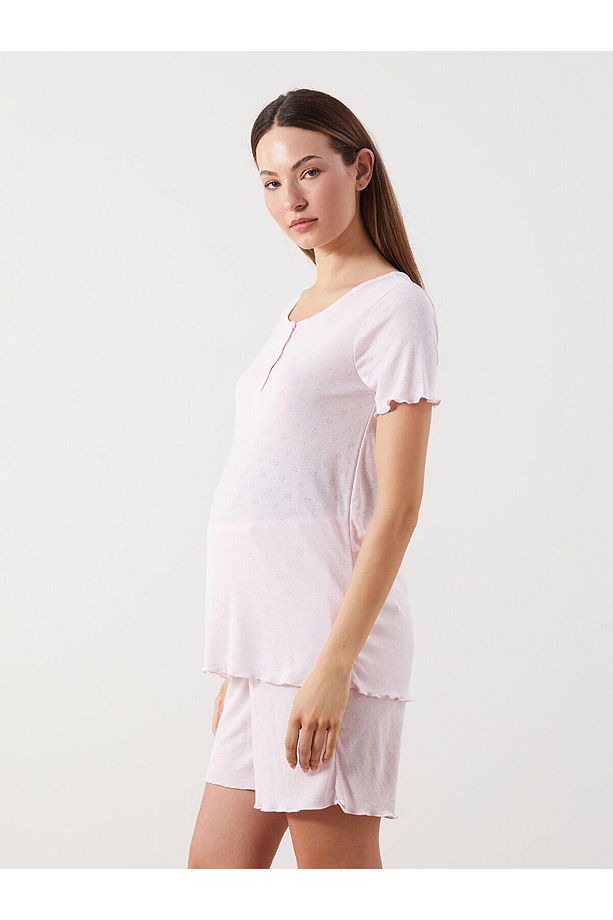 Bisiklet Yaka Kalp Desenli Hamile Şortlu Pijama Takımı - 2