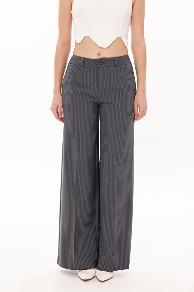 Women's Pants Palazzo Pants Wide-Leg Pants Stretch Fabric Wide-Leg Anthracite Striped Buttoned Fabric Chic
