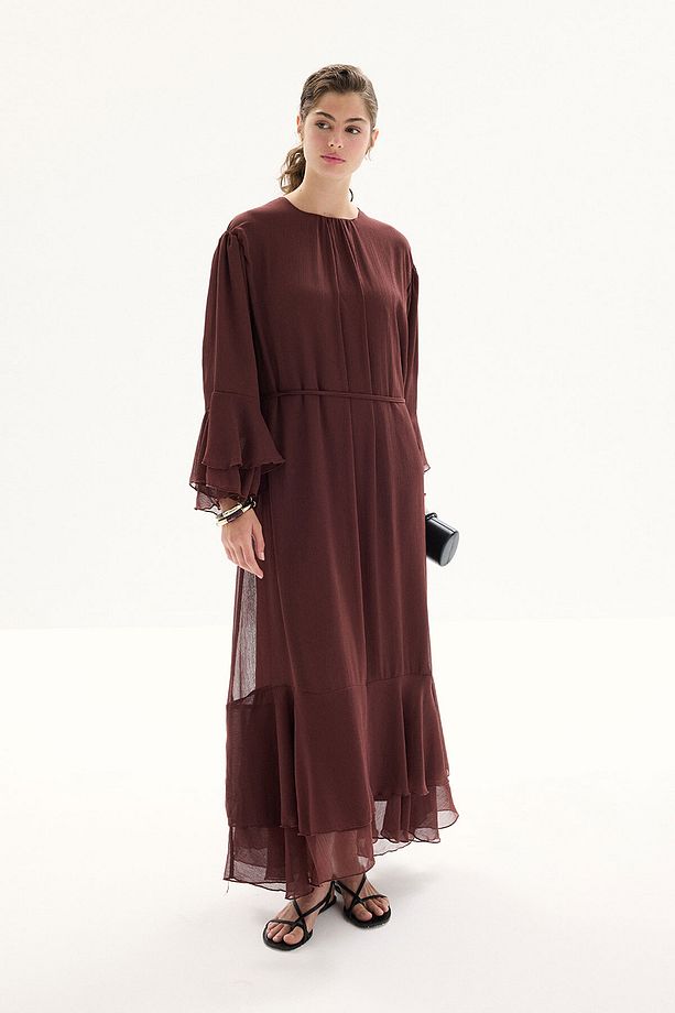 Boho Volanlı Yoryo Şifon Kahve Elbise - 3