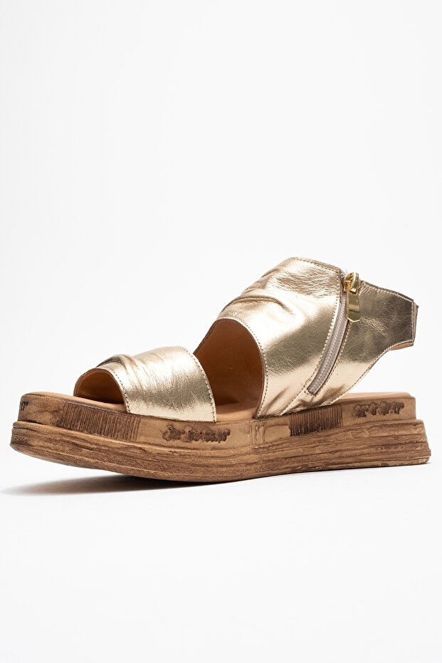 LUNAS Золоті жіночі сандалі з натуральної шкіри та бічною блискавкою - 4