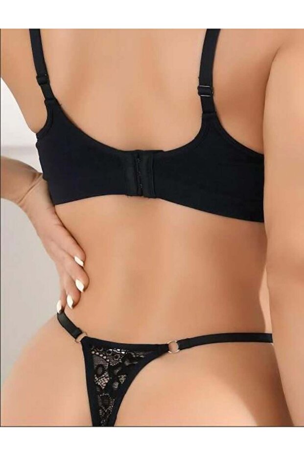 Siyah Bacak Bantlı Dantelli Fantezi String Tanga - 2