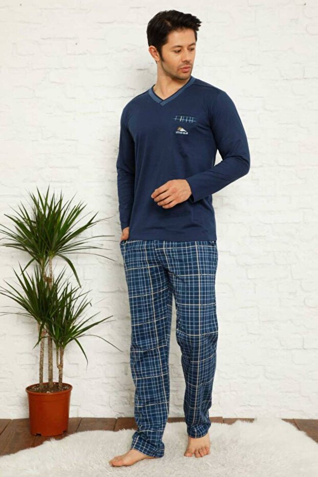 Indigo Plaid Long Sleeve Men's Pajama Set 1167Uy