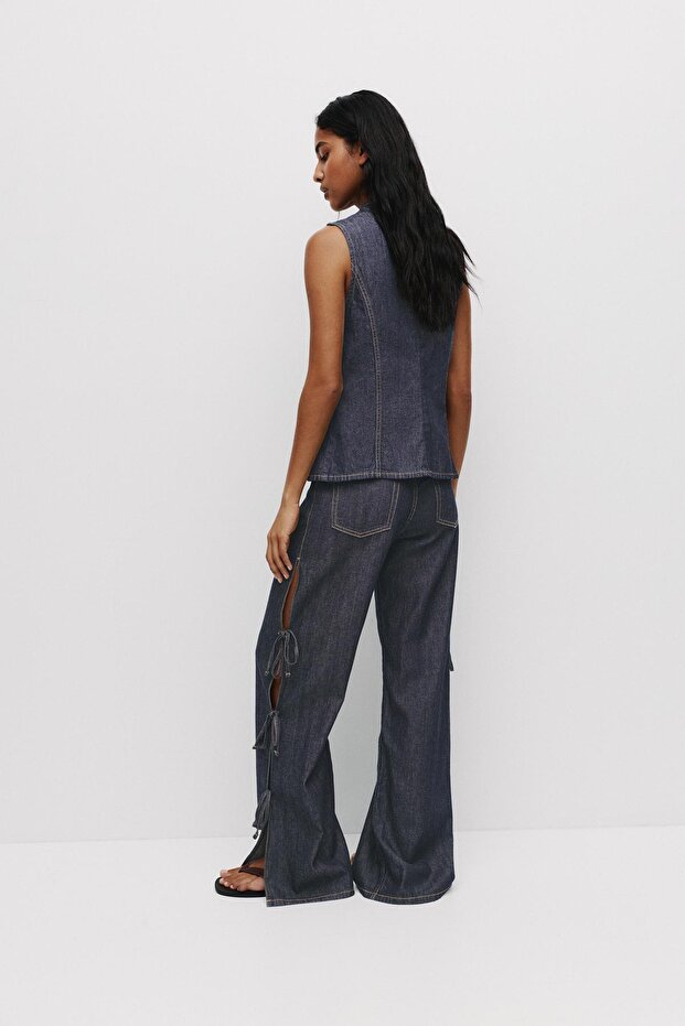 Bağcık detaylı denim üst - 4