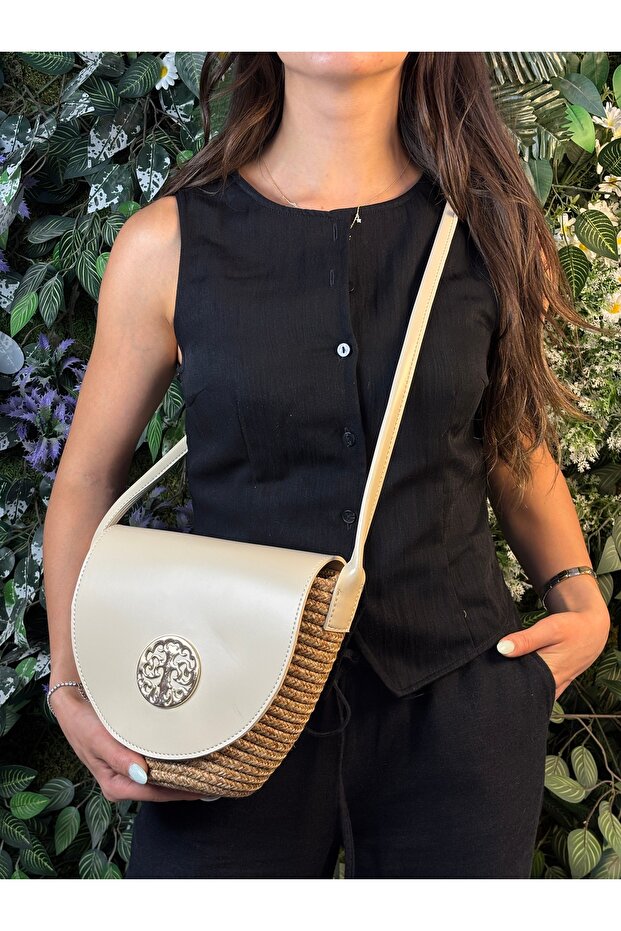 Lara Leather Stylish Design Accessory Detailed Straw, Front Detailed Crossbody Bag, Casual Style