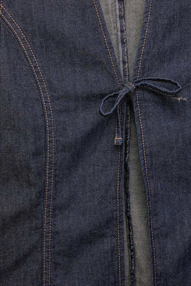 Bağcık detaylı denim üst - 7