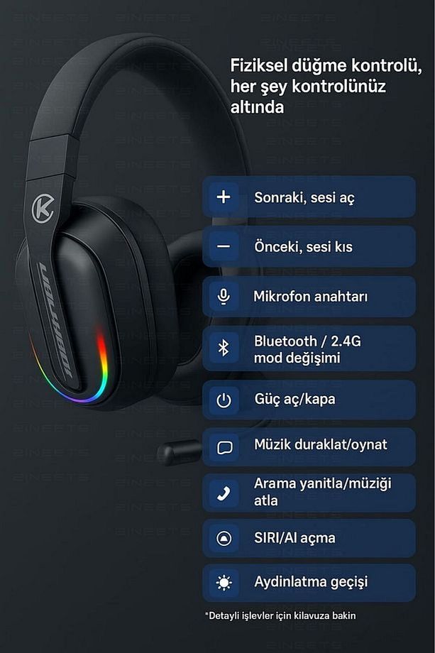 Mikrofonlu Kablosuz Bluetooth Oyuncu Kulaklığı Ve RGB Klavye Mouse Set Gaming Kulaklık Surround - 8