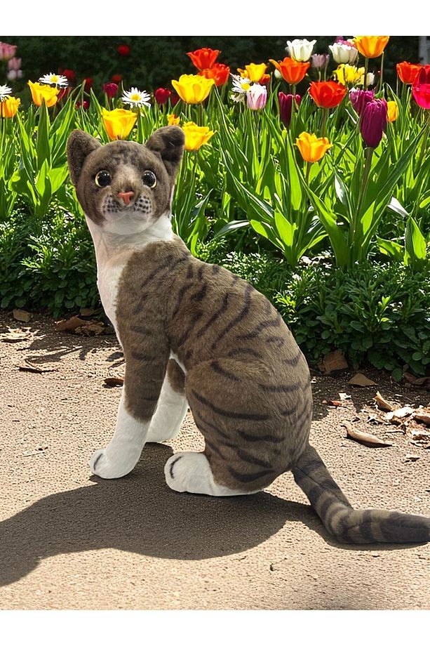 Sesli Peluş Soft Oturan 40 cm Tekir Kedi - Yumuşak Sesli Gerçek Görünümlü Peluş Kedi Tekir - 2