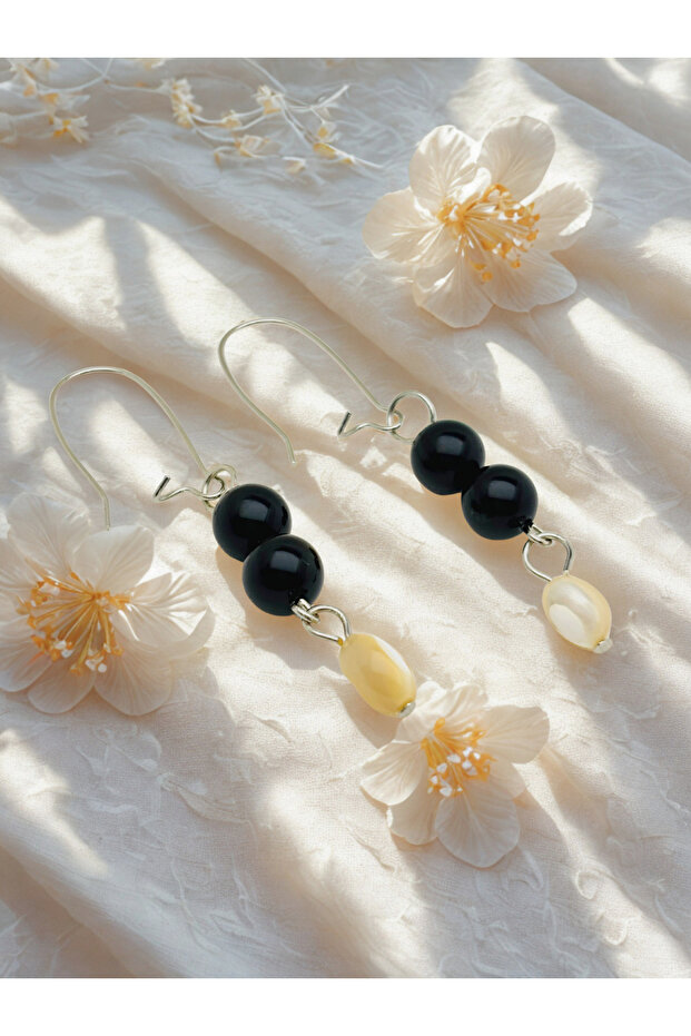 Onyx & Natural Stone Earrings 8mm – Silver Color Dangle Earrings with Hook 5,5cm | Handmade