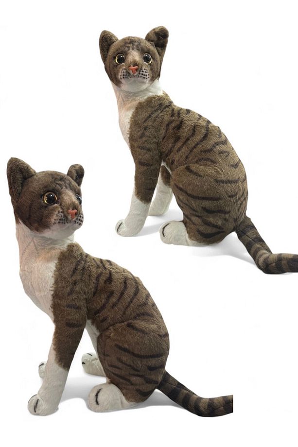 Sesli Peluş Soft Oturan 40 cm Tekir Kedi - Yumuşak Sesli Gerçek Görünümlü Peluş Kedi Tekir - 3