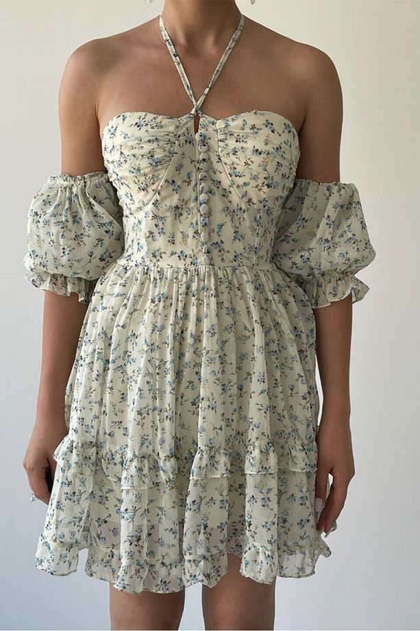 Krem Mavi Mini Çiçekli Elbise - 3