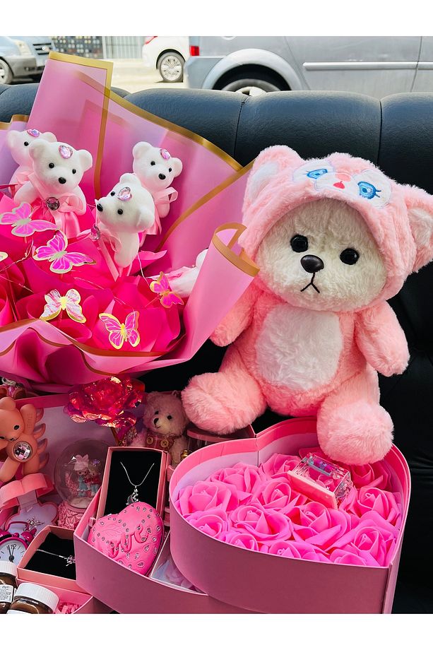 Pembe 3 katlı hediye kutusu puffy hug hediye seti - 2