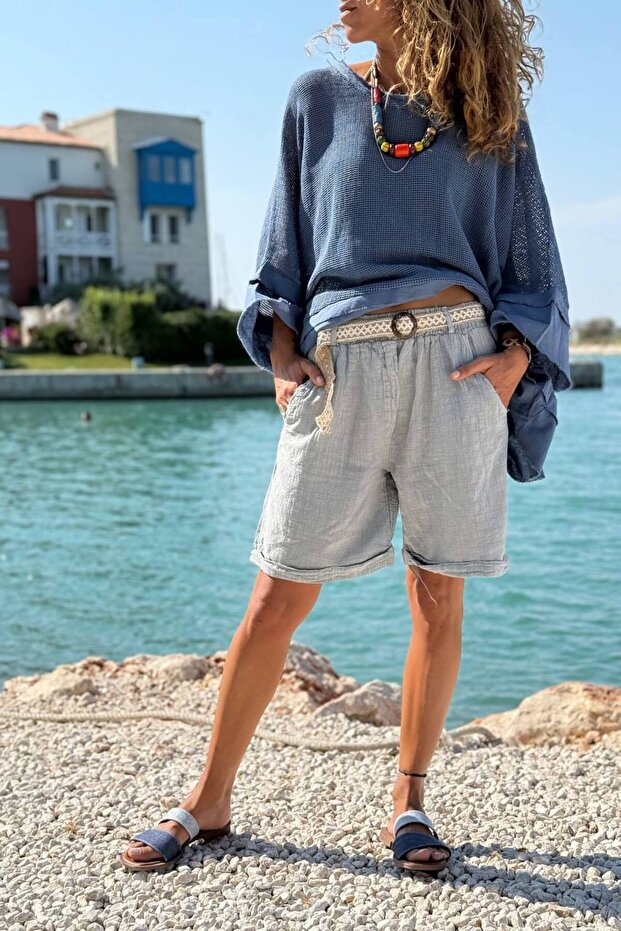 Gray Pocket Washed Belted Double Leg Cotton Casual Woven Shorts 30 45