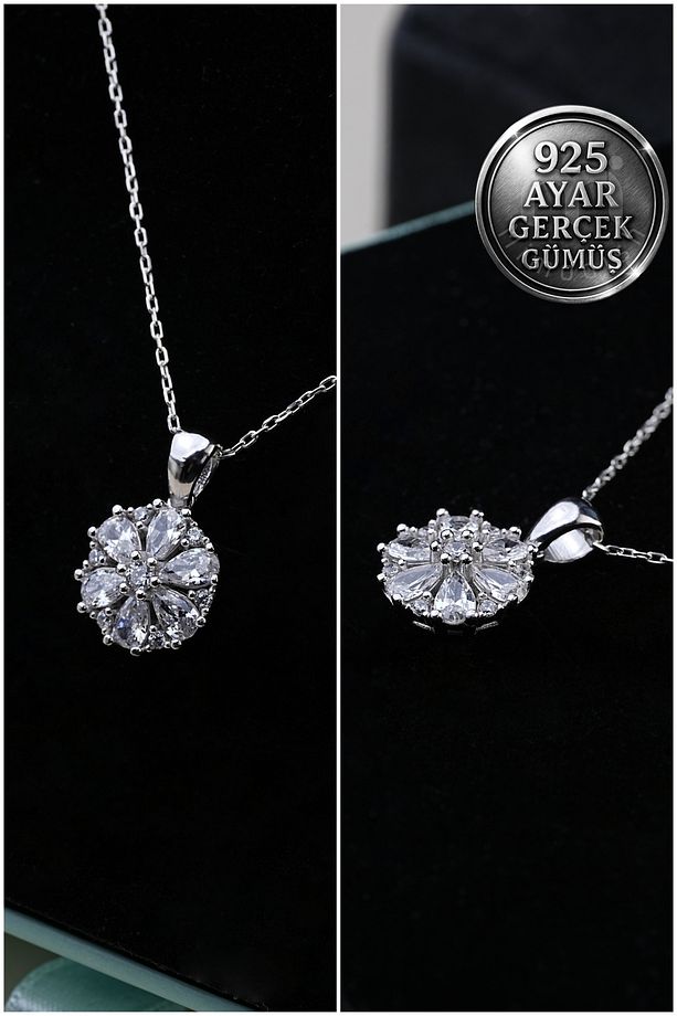 925 Ayar Gerçek Gümüş Blossom Shine Lotus Çiçek Model Taşlı Kadın Gümüş Takı Kolye Küpe Yüzük Seti - 6