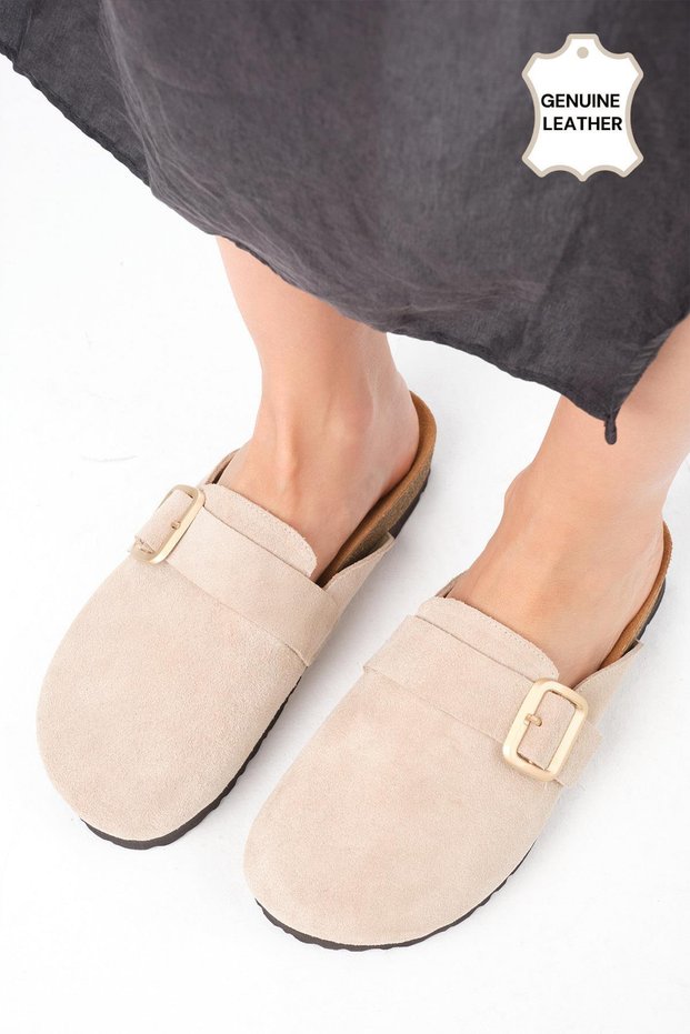 Juno Genuine Suede Beige Color Orthopedic Cork Sole Women's Slippers