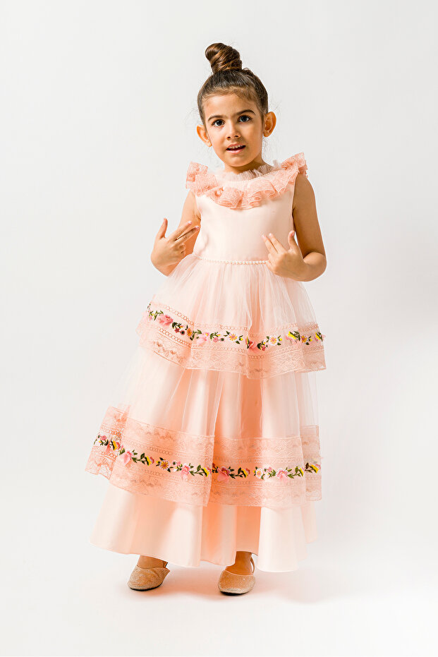 Layered Evening Dress with Lace Skirt