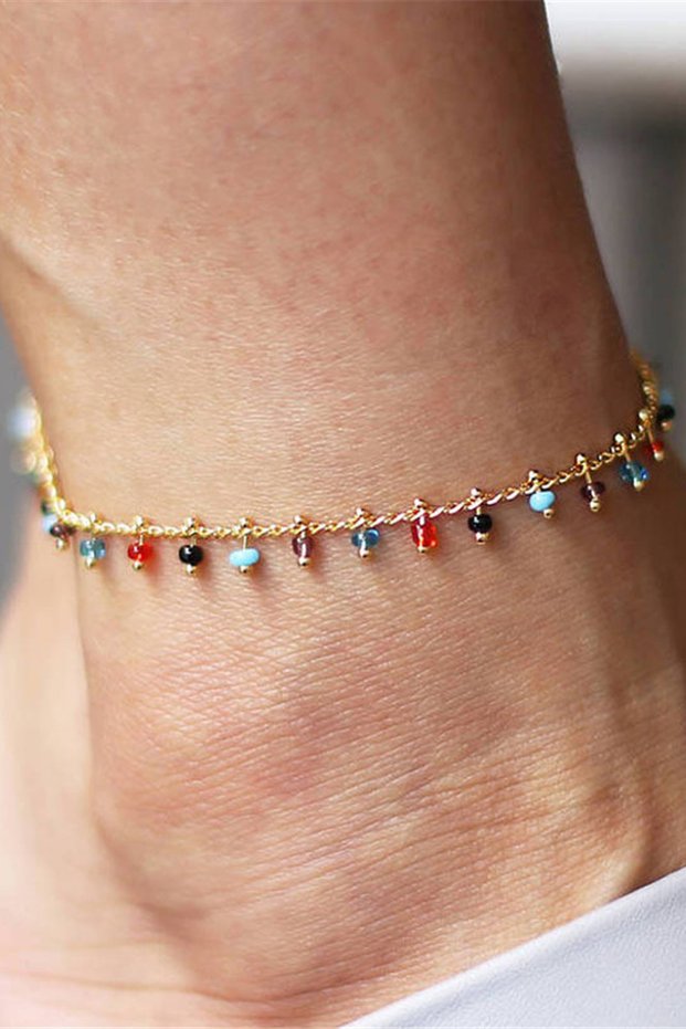 Gold Color Women's Anklet with Colorful Crystal Beads