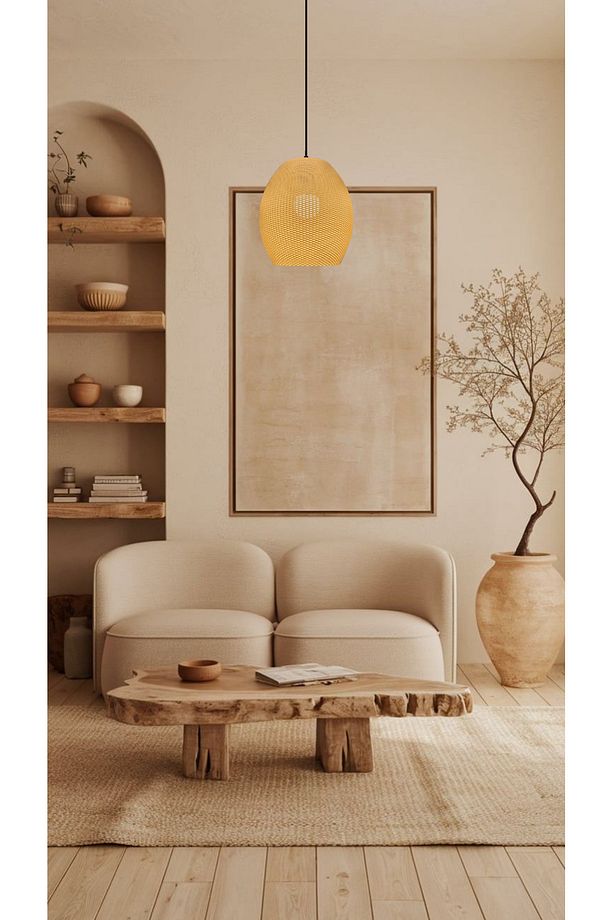 Nebula Hasır Renk Rattan Görünümlü Avize, Pinterest Tarzı Tekli Sarkıt Avize (Bioplastik) E27 - 2