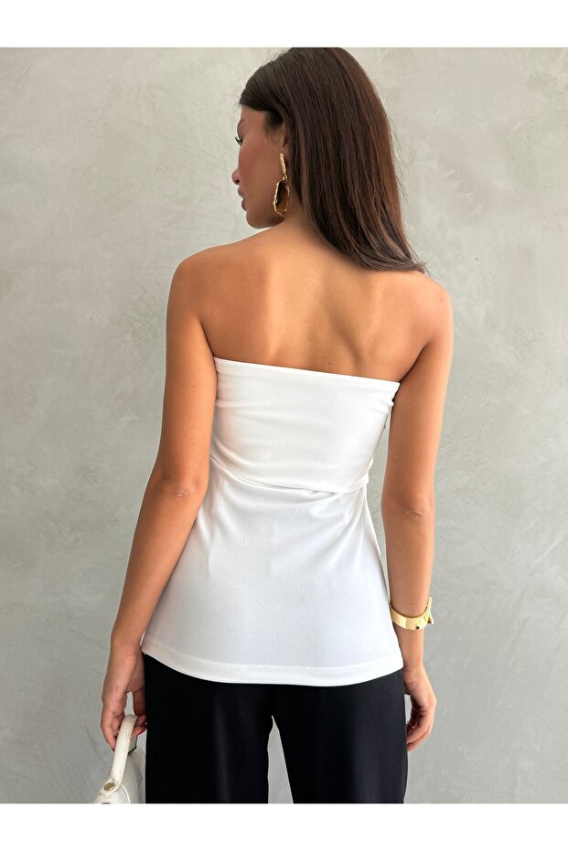 Straplez Yaka Krep Örme Bluz - 3