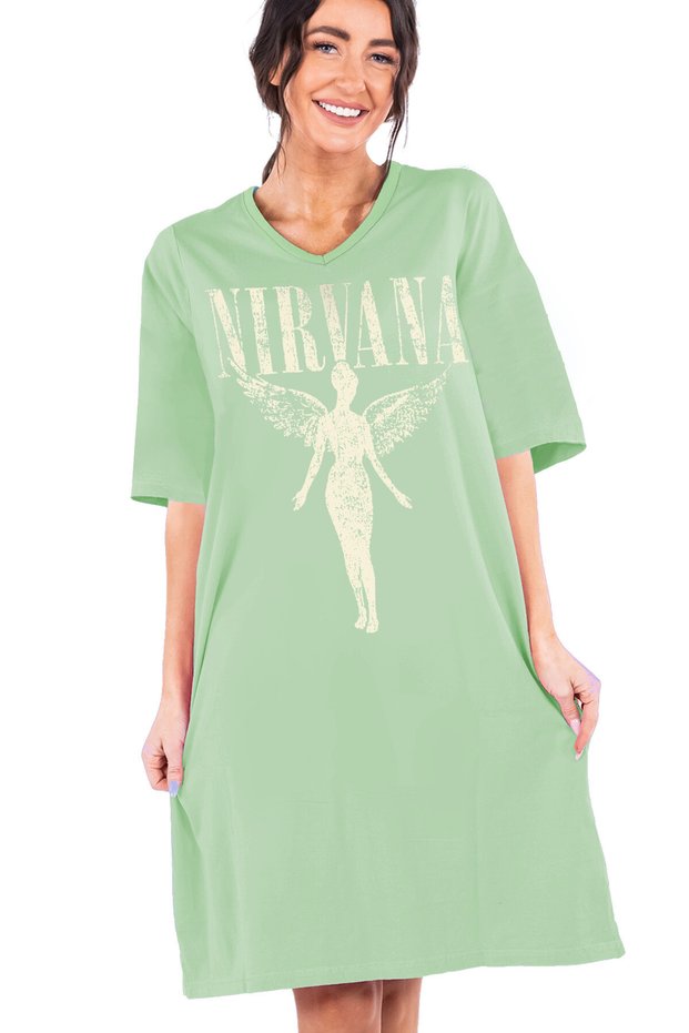 Angel Nirvana Light Green V-Neck Half Sleeve Knee-Length Casual Home Dress Nightdress