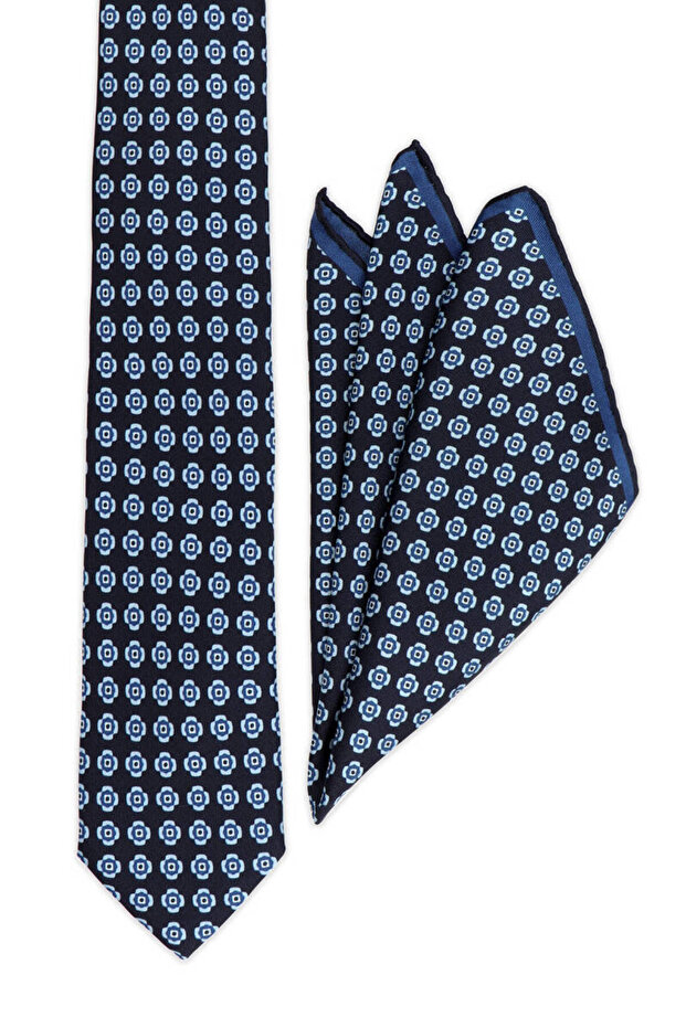 Navy Blue Patterned Silk Tie Set - 1