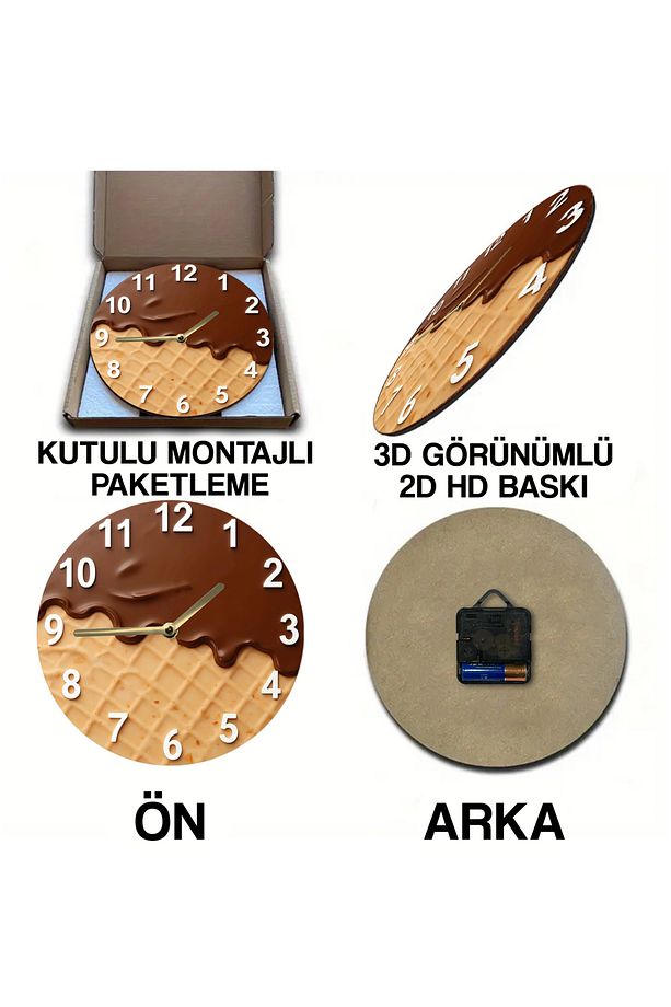 🍫 Tatlı Saat – Dondurma Külah Desenli 3D Görünümlü MDF Duvar Saati (33 cm) SDW338 - 6