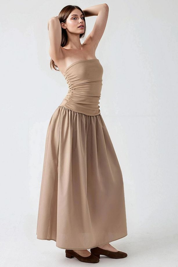 Straplez Drapeli Maxi Elbise - 6