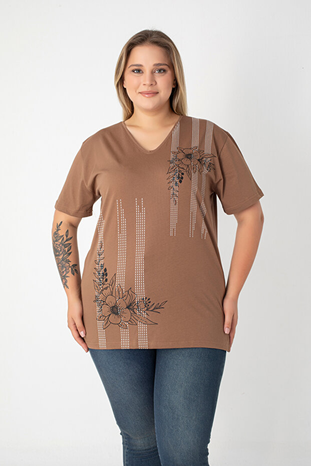 Printed Slit Cotton Women's V-Neck Plus Size T-Shirt