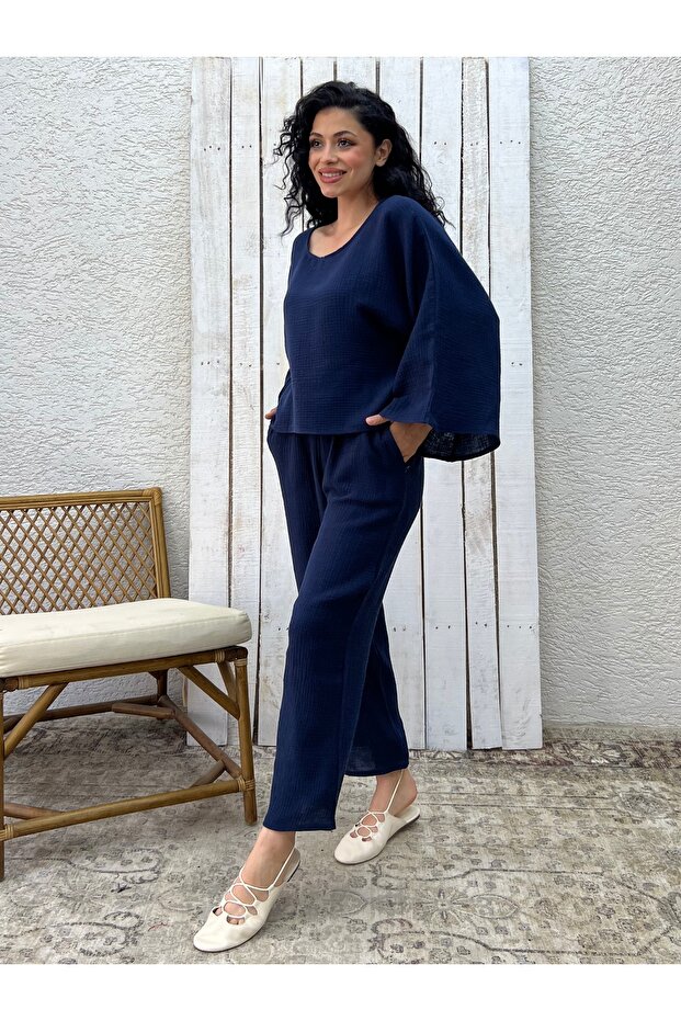Navy Blue Muslin Trousers Blouse Double Set (Pants-Bluez)