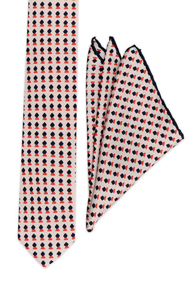 طقم ربطة عنق حريرية منقوشة باللون البيج - 1