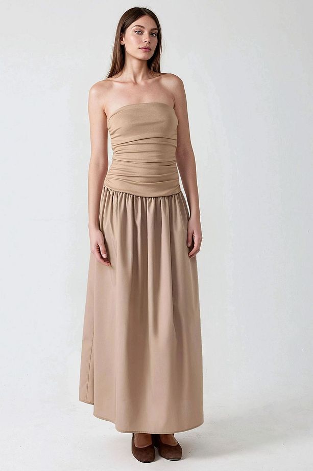 Straplez Drapeli Maxi Elbise - 5