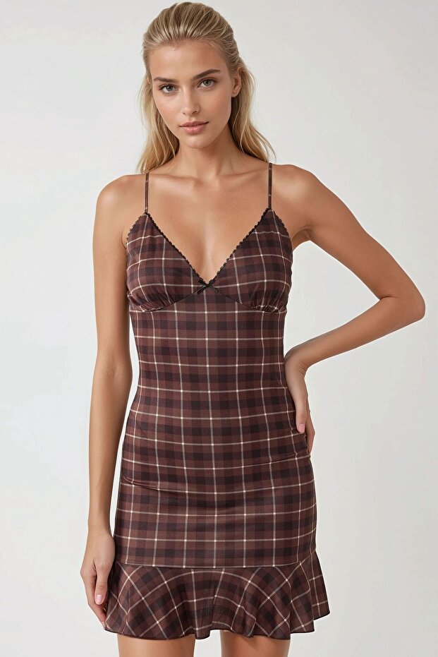 V Yaka Desenli Mini Elbise - 1