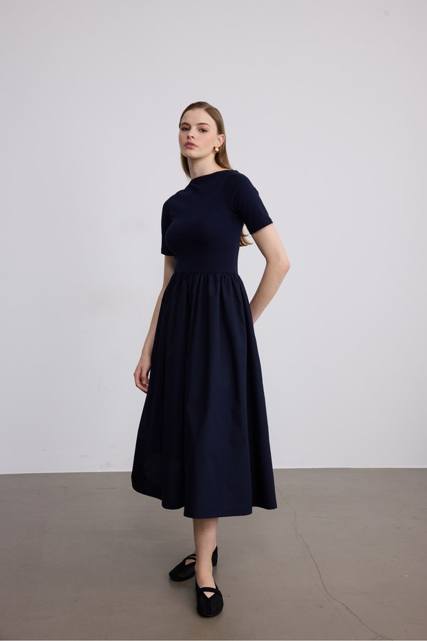 Women's Maxi Length Stretchy Knitted Top Poplin Skirt Chic Navy Blue Dress Short Sleeve / Sevde Ugur