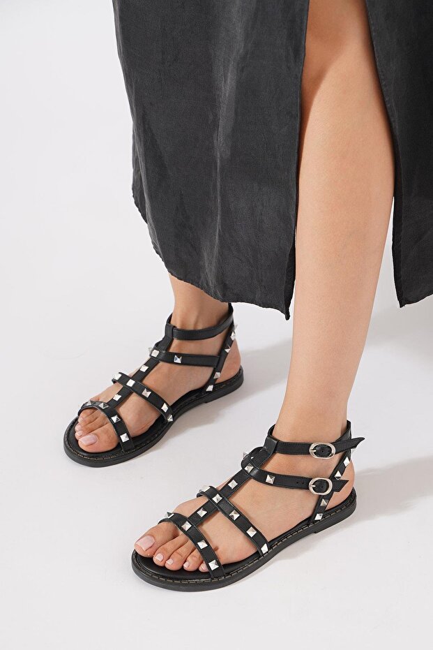 Muler Trock Women's Genuine Leather Sandals Black Skin
