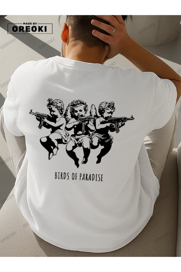 Paradise Birds Printed Cotton Fabric Men's White T-Shirt