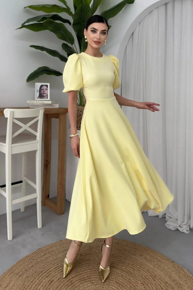 Women's Yellow Balloon Sleeve Flared Midi Dress