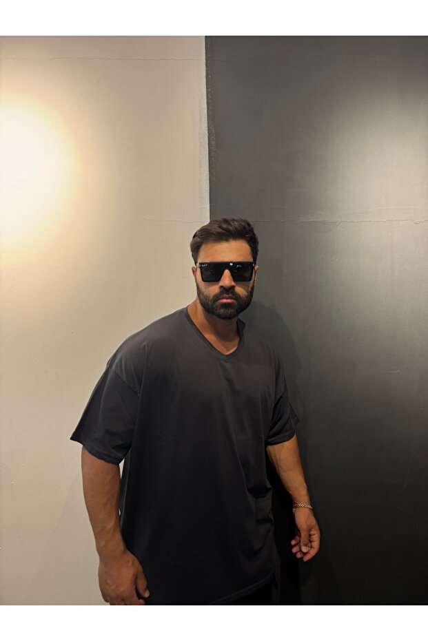Battal Size Anthracite Smoked V-Neck Plain Unprinted T-Shirt
