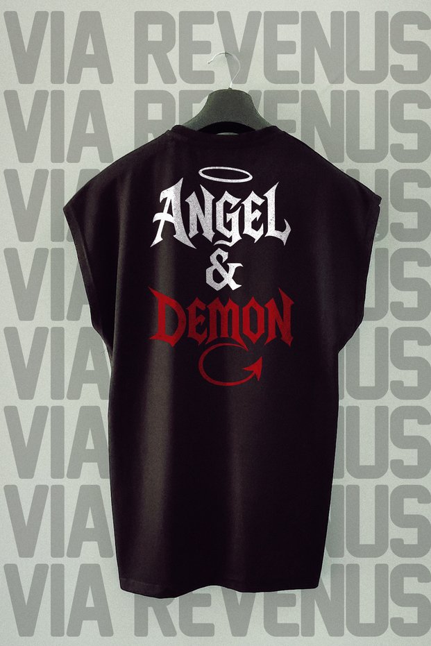 Angel & Deamon Back Printed Zero Sleeve Crew Neck Sports Tshirt