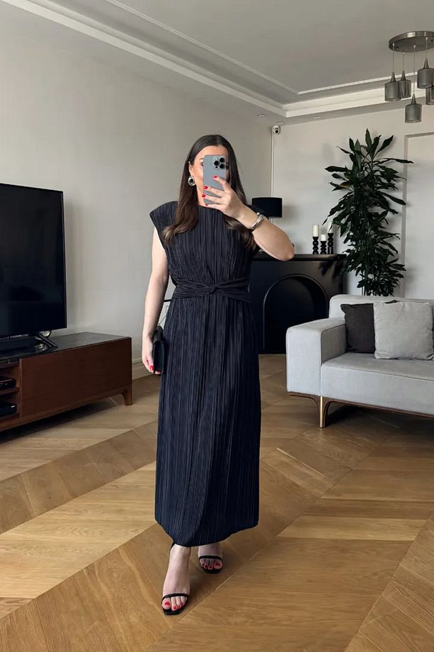 Piliseli Sıfır Kol Midi Elbise - 1