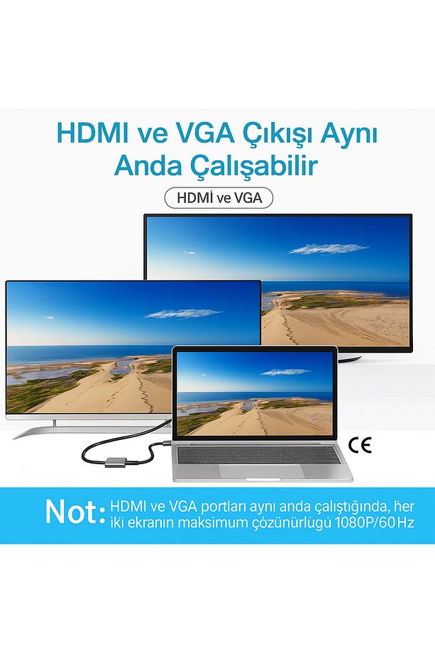 4‑in‑1 USB‑C Genişletici Dock | HDMI + VGA + USB‑A + PD – 4K Destekli - 7