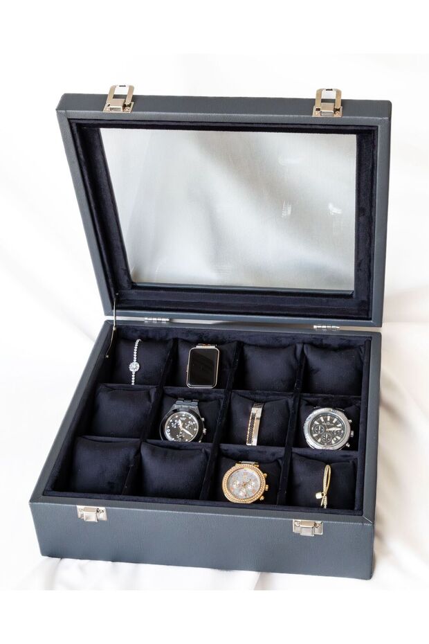 12-Piece Gray Watch Box, Faux Leather Covered, Custom Made, Handmade