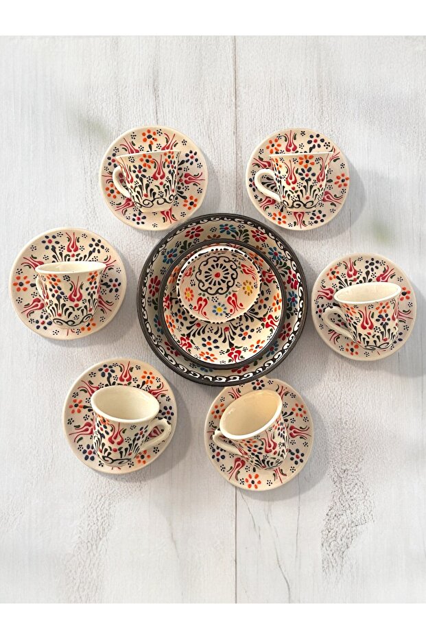 Decorative 6-Person Stylish Tulip Tile Design Fully Handmade Coffee Cup Set and Snack Bowl-Sauce Bowl